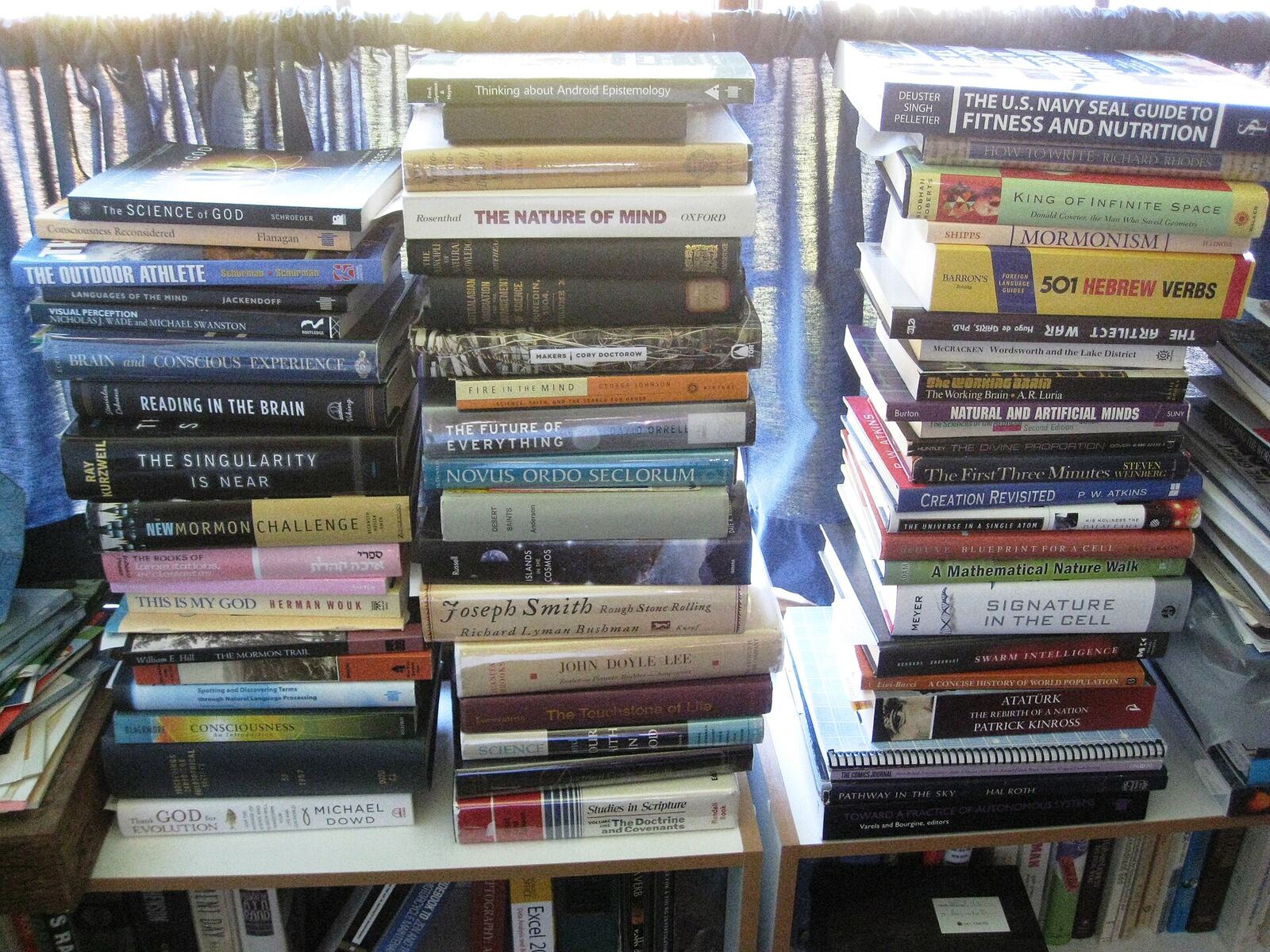 Attempt to organize my study. Pile 1 The Science of God: The Convergence of Scientific and Biblical Wisdom by Gerald L. Schroeder Consciousness Reconsidered by Owen Flanagan The Outdoor Athlete by Courtenay Schurman and Doug Schurman - Helped get me up Mount Rainier Languages of the Mind: Essays on Mental Representation by Ray Jackendoff Pile 2 Pile 3 The U.S. Navy SEAL Guide to Fitness and Nutrition by Patricia A. Deuster , Anita Singh, and Pierre A. Pelletier Deuster is the director of the Human Performance Laboratory. there is some very good research underlying this book. 001