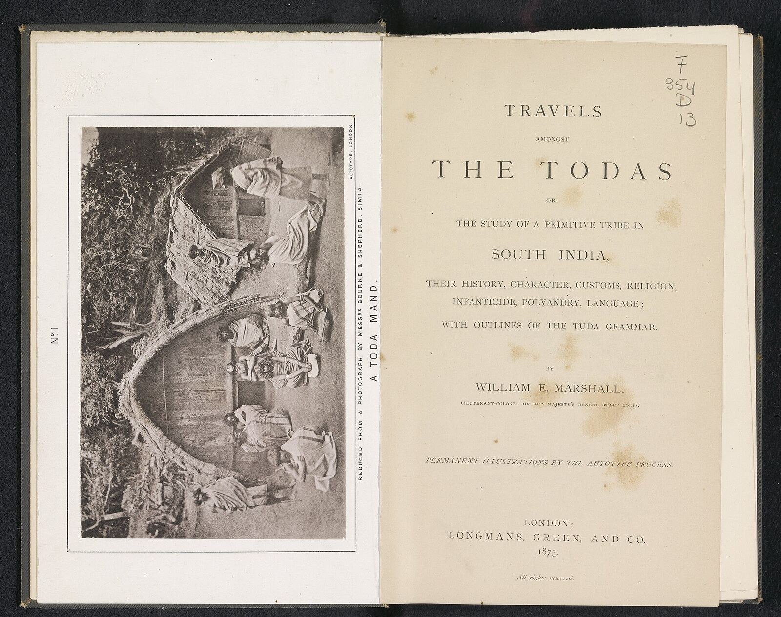 Identificatie Titel(s): Travels amongst the Todas or the study of a primitive tribe in South India, their history, character, customs, religion, infanticide, polyandry, language ; with outlines of the Tuda grammar (titel op object) Objecttype: boek Objectnummer: RP-F-2001-7-333 Opschriften / Merken: naam, binnenzijde voorkaft, geplakt: ‘W.E. Gladstone St. Deiniol Library Hawarden Elwyd Founded by The Rt. Hon. W.E. Gladstone’, boven de tekst de spreuk 'Fide et virtute' met een tekening van een griffioen met een zwaard Vervaardiging Datering: 1873 Materiaal: karton papier linnen Techniek: drukken / lichtdruk Afmetingen: h 226 mm × b 148 mm × d 32 mm Verwerving en rechten Credit line: Aankoop met steun van de Mondriaan Stichting, het Prins Bernhard Cultuurfonds, het VSBfonds, het Paul Huf Fonds/Rijksmuseum Fonds en het Egbert Kunstfonds Verwerving: aankoop 2001 Copyright: Publiek domein